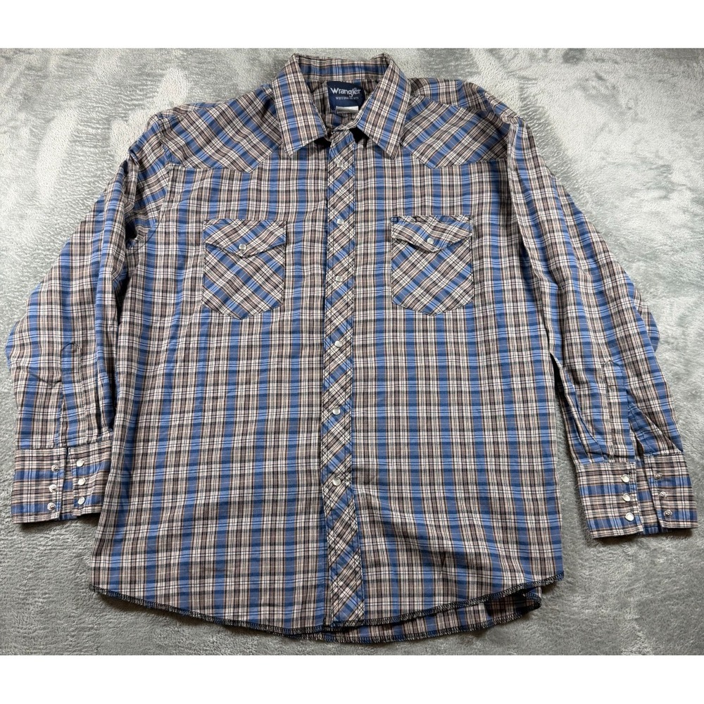 Wrangler Western Pearl Snap Plaid Shirt 17.5x35 Blue Cowboy Ranch Tall XL
